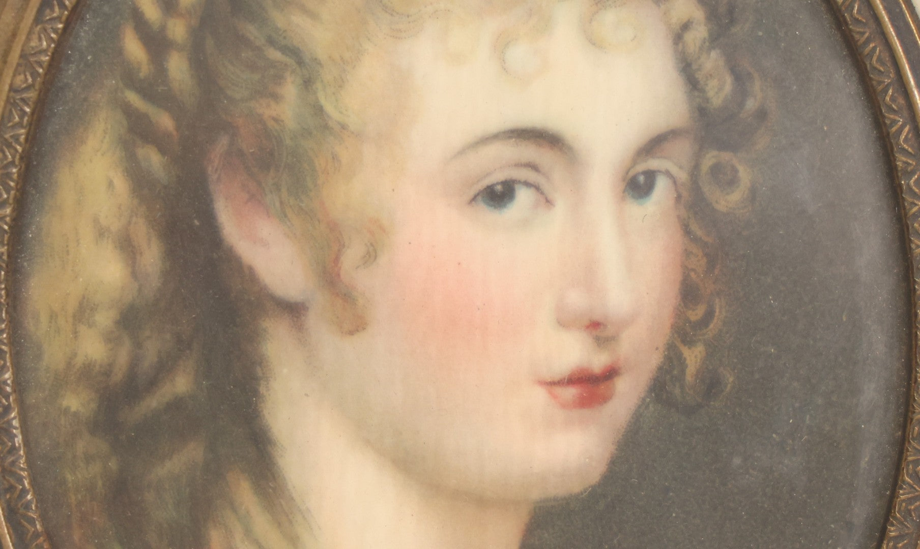 Lot 002 - Antique Continental European Miniature Cameo Painting Of Blond Woman With Blue Eyes In Period Bone Veneer Frame With Latin Text Paper Backing, Artist Signed Fr. Xaver, 5-3/4" x 7"