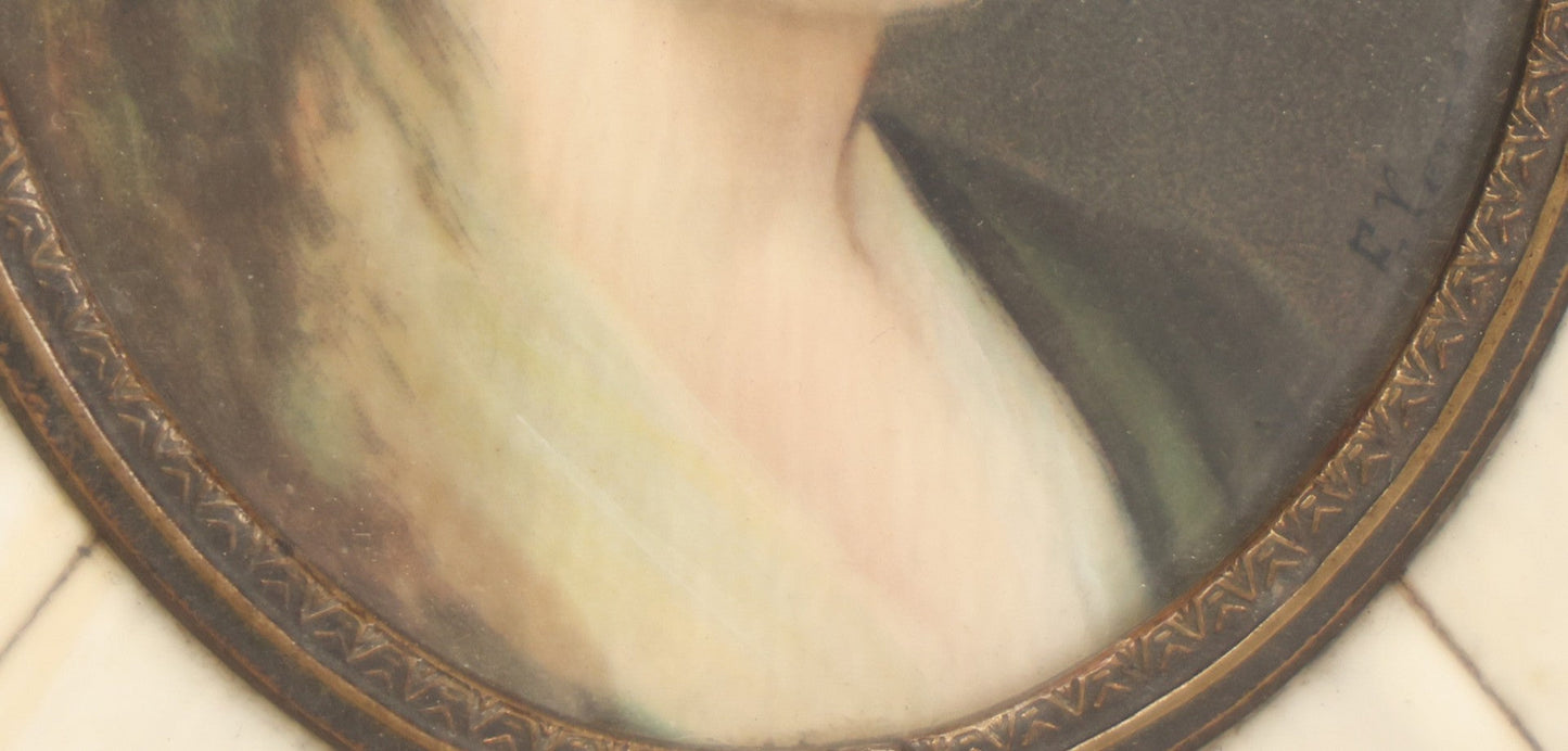 Lot 002 - Antique Continental European Miniature Cameo Painting Of Blond Woman With Blue Eyes In Period Bone Veneer Frame With Latin Text Paper Backing, Artist Signed Fr. Xaver, 5-3/4" x 7"