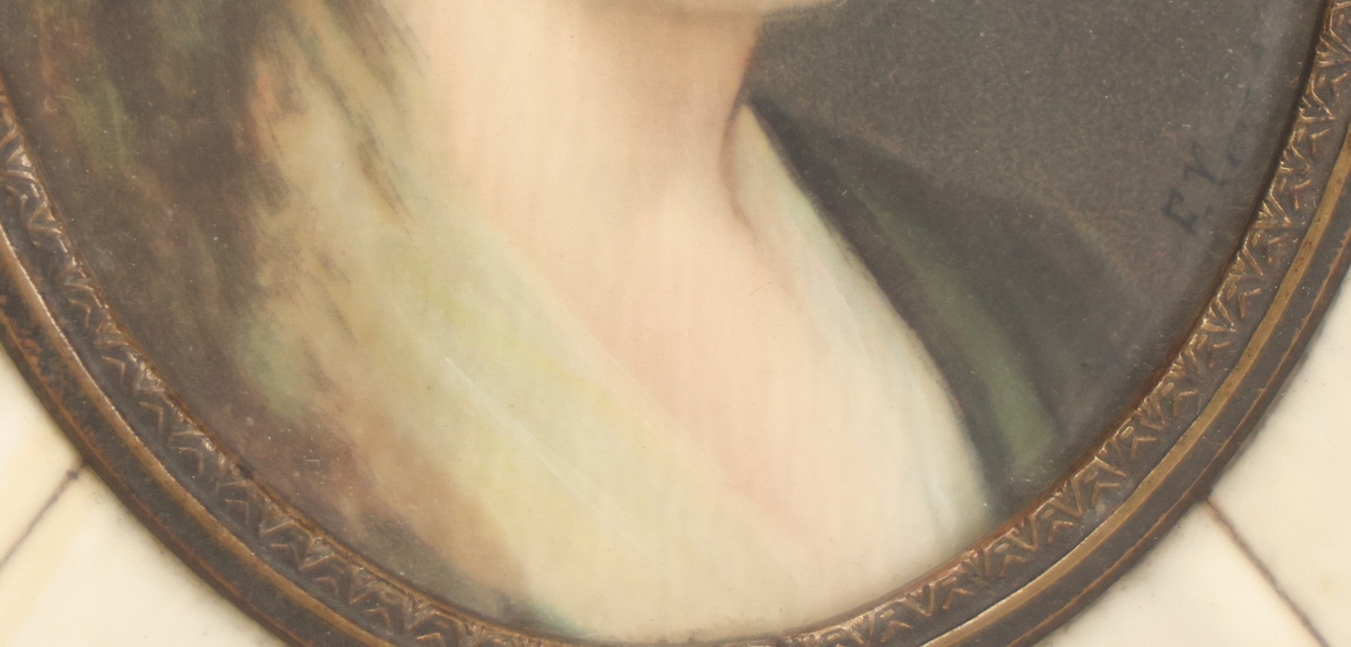 Lot 002 - Antique Continental European Miniature Cameo Painting Of Blond Woman With Blue Eyes In Period Bone Veneer Frame With Latin Text Paper Backing, Artist Signed Fr. Xaver, 5-3/4" x 7"