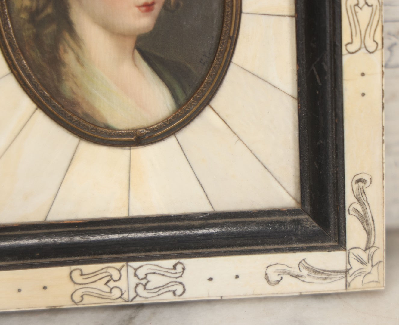 Lot 002 - Antique Continental European Miniature Cameo Painting Of Blond Woman With Blue Eyes In Period Bone Veneer Frame With Latin Text Paper Backing, Artist Signed Fr. Xaver, 5-3/4" x 7"