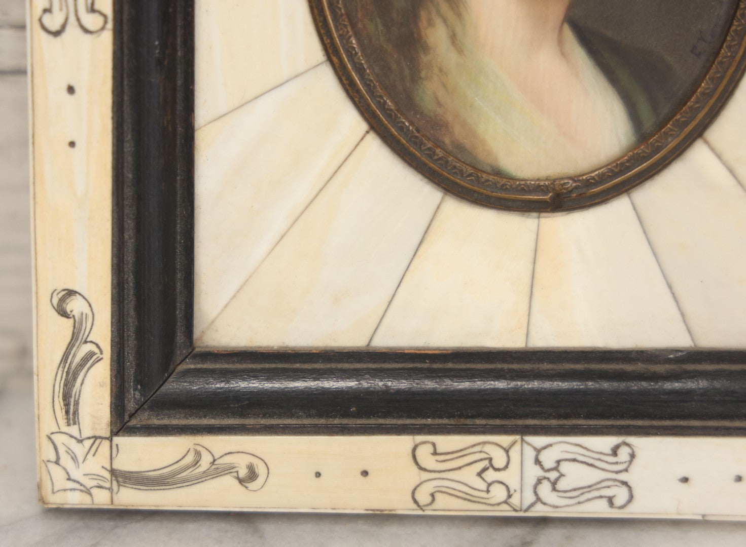 Lot 002 - Antique Continental European Miniature Cameo Painting Of Blond Woman With Blue Eyes In Period Bone Veneer Frame With Latin Text Paper Backing, Artist Signed Fr. Xaver, 5-3/4" x 7"