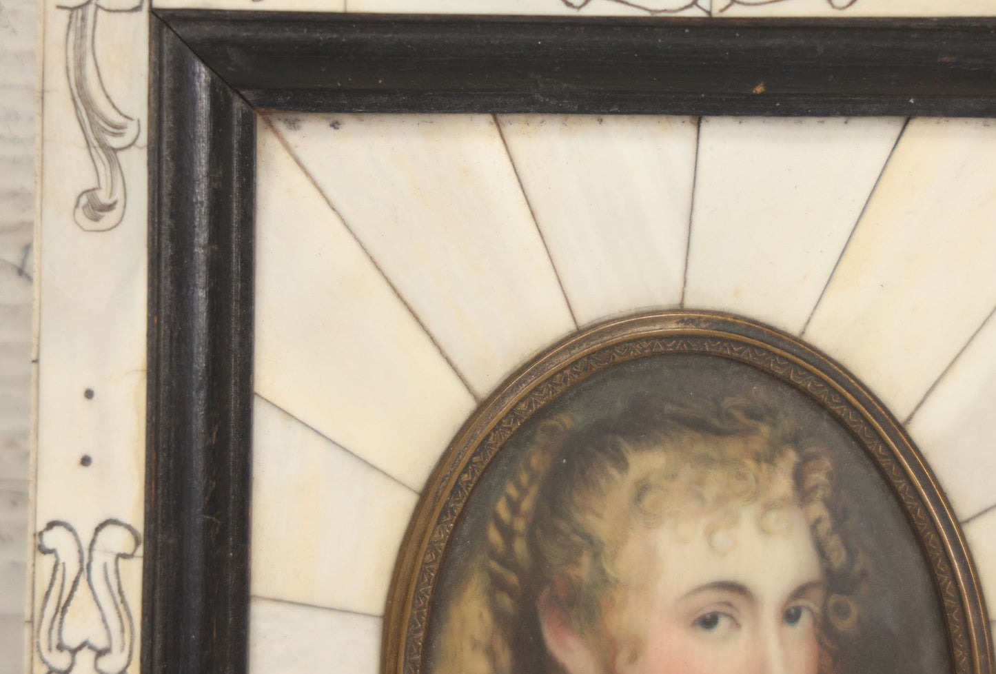 Lot 002 - Antique Continental European Miniature Cameo Painting Of Blond Woman With Blue Eyes In Period Bone Veneer Frame With Latin Text Paper Backing, Artist Signed Fr. Xaver, 5-3/4" x 7"