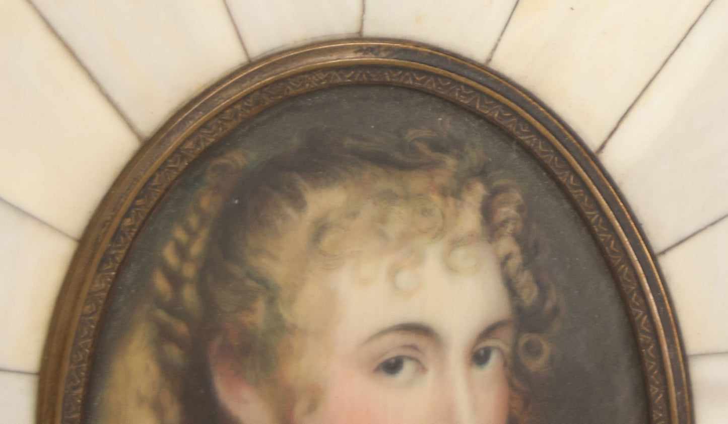 Lot 002 - Antique Continental European Miniature Cameo Painting Of Blond Woman With Blue Eyes In Period Bone Veneer Frame With Latin Text Paper Backing, Artist Signed Fr. Xaver, 5-3/4" x 7"