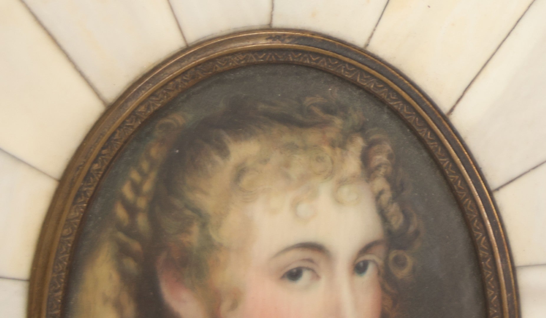 Lot 002 - Antique Continental European Miniature Cameo Painting Of Blond Woman With Blue Eyes In Period Bone Veneer Frame With Latin Text Paper Backing, Artist Signed Fr. Xaver, 5-3/4" x 7"