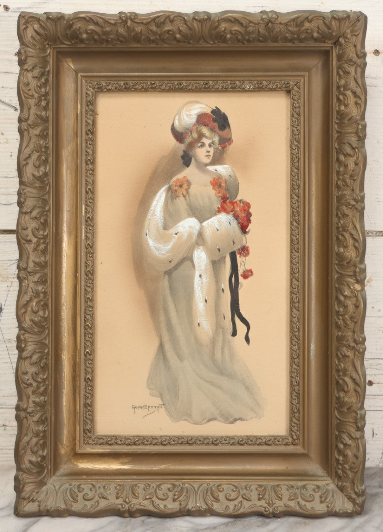Lot 003 - Antique Watercolor Painting Of Elegant Blonde Woman Dressed In White Furs And Red Flowers With An Extravagant Hat, Artist Signed George W. Barratt, In Ornate Pressed Gesso Frame, 11-1/4" x 16-1/4"