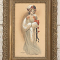Lot 003 - Antique Watercolor Painting Of Elegant Blonde Woman Dressed In White Furs And Red Flowers With An Extravagant Hat, Artist Signed George W. Barratt, In Ornate Pressed Gesso Frame, 11-1/4" x 16-1/4"
