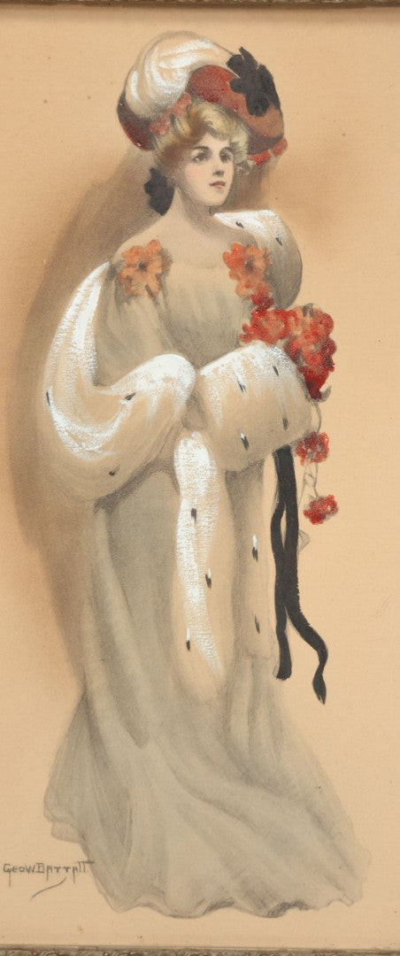 Lot 003 - Antique Watercolor Painting Of Elegant Blonde Woman Dressed In White Furs And Red Flowers With An Extravagant Hat, Artist Signed George W. Barratt, In Ornate Pressed Gesso Frame, 11-1/4" x 16-1/4"