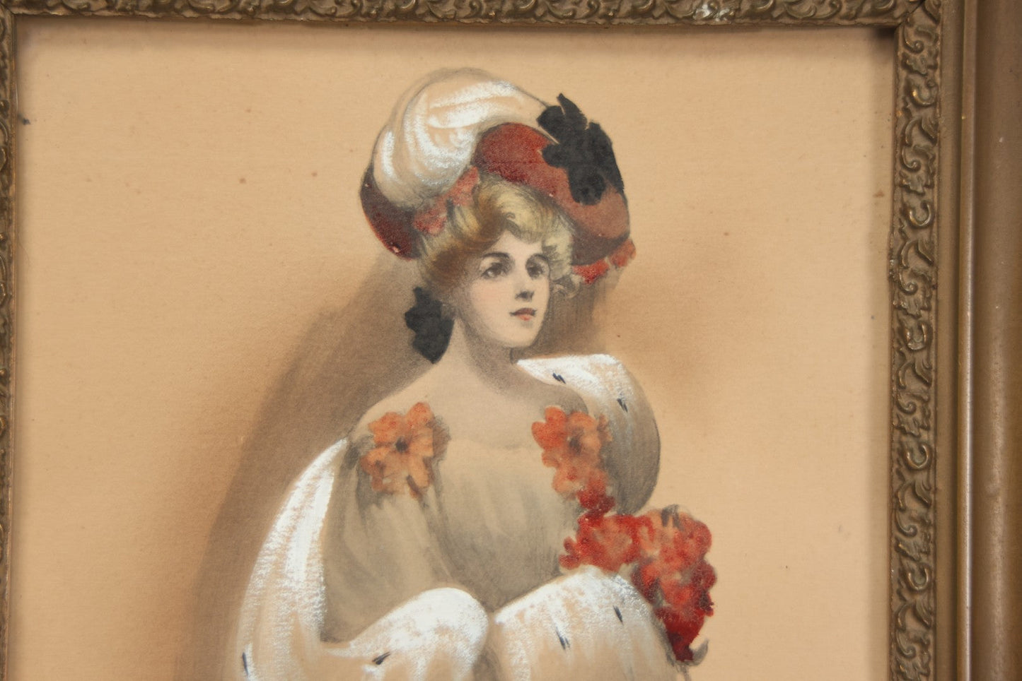 Lot 003 - Antique Watercolor Painting Of Elegant Blonde Woman Dressed In White Furs And Red Flowers With An Extravagant Hat, Artist Signed George W. Barratt, In Ornate Pressed Gesso Frame, 11-1/4" x 16-1/4"