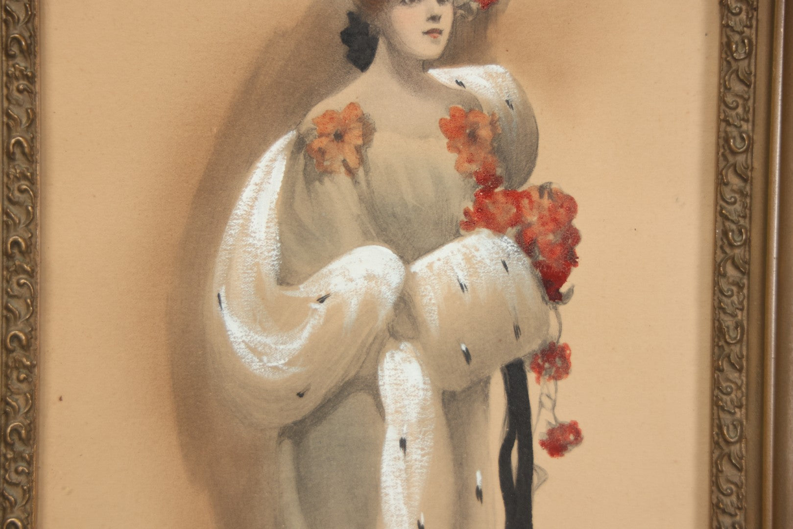 Lot 003 - Antique Watercolor Painting Of Elegant Blonde Woman Dressed In White Furs And Red Flowers With An Extravagant Hat, Artist Signed George W. Barratt, In Ornate Pressed Gesso Frame, 11-1/4" x 16-1/4"