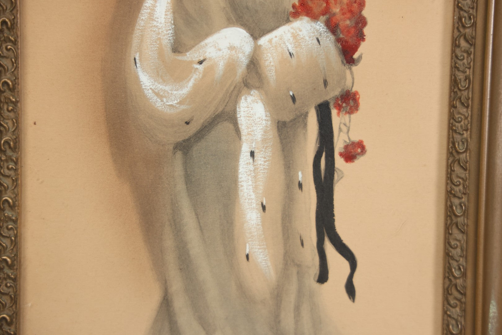 Lot 003 - Antique Watercolor Painting Of Elegant Blonde Woman Dressed In White Furs And Red Flowers With An Extravagant Hat, Artist Signed George W. Barratt, In Ornate Pressed Gesso Frame, 11-1/4" x 16-1/4"