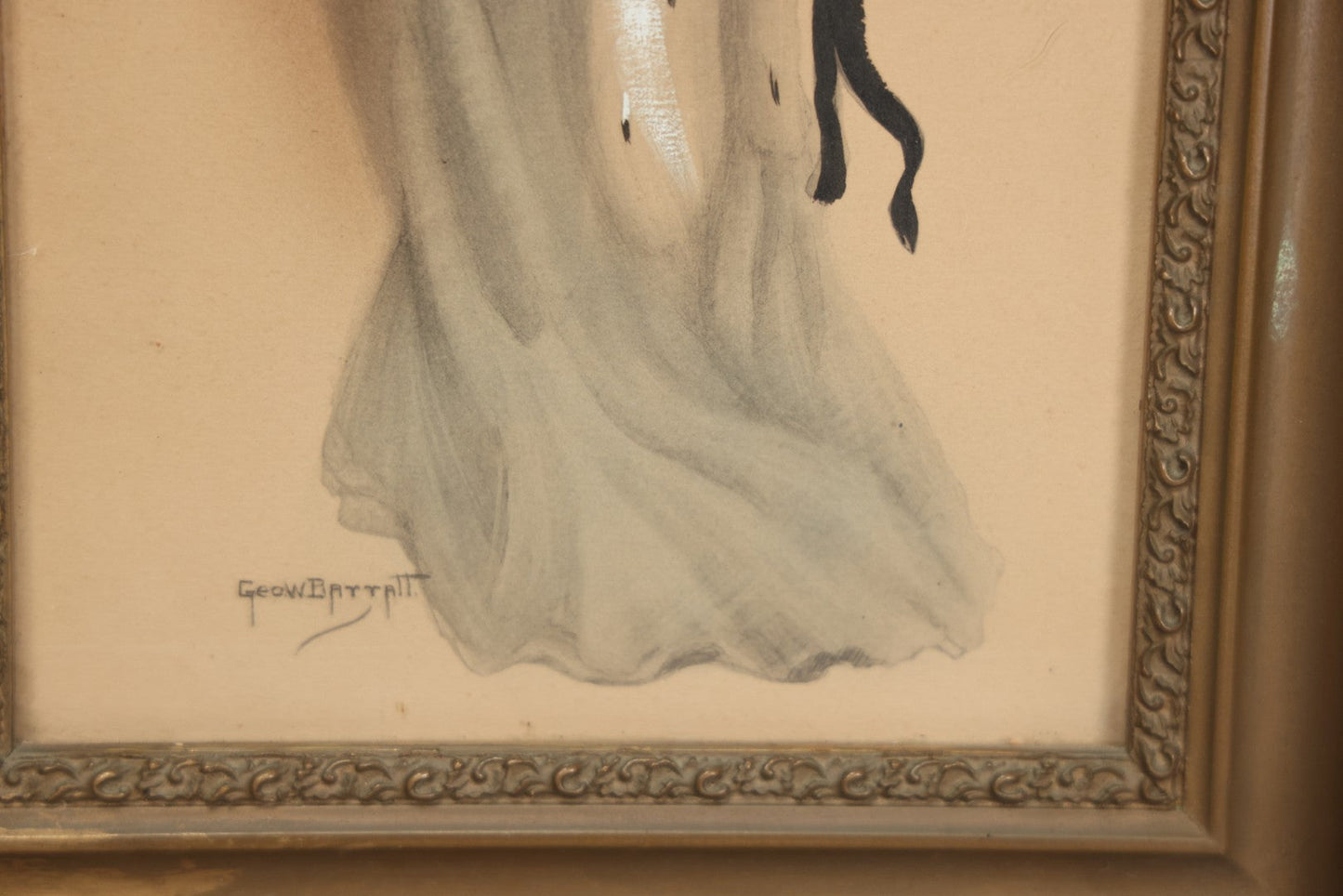 Lot 003 - Antique Watercolor Painting Of Elegant Blonde Woman Dressed In White Furs And Red Flowers With An Extravagant Hat, Artist Signed George W. Barratt, In Ornate Pressed Gesso Frame, 11-1/4" x 16-1/4"