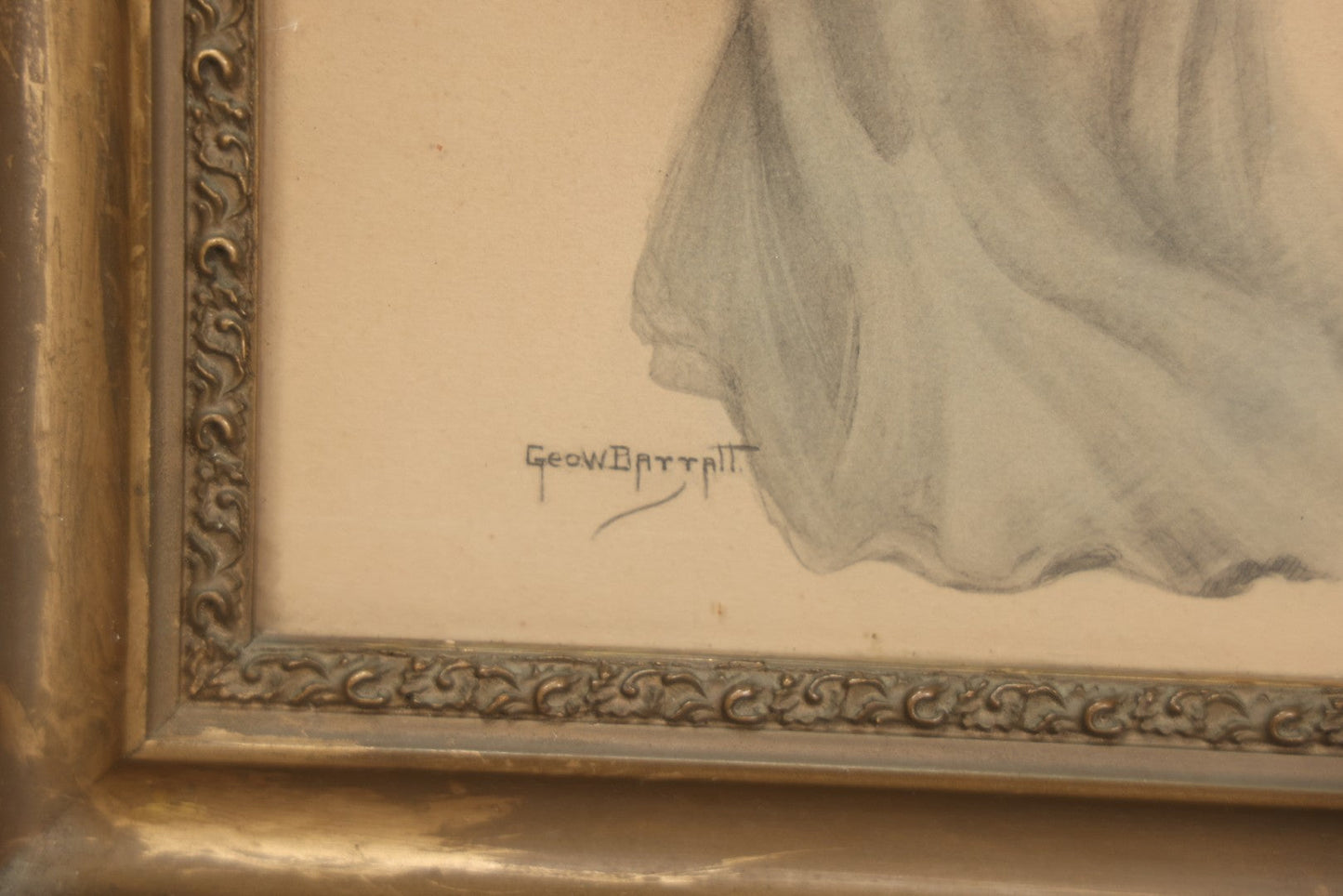 Lot 003 - Antique Watercolor Painting Of Elegant Blonde Woman Dressed In White Furs And Red Flowers With An Extravagant Hat, Artist Signed George W. Barratt, In Ornate Pressed Gesso Frame, 11-1/4" x 16-1/4"