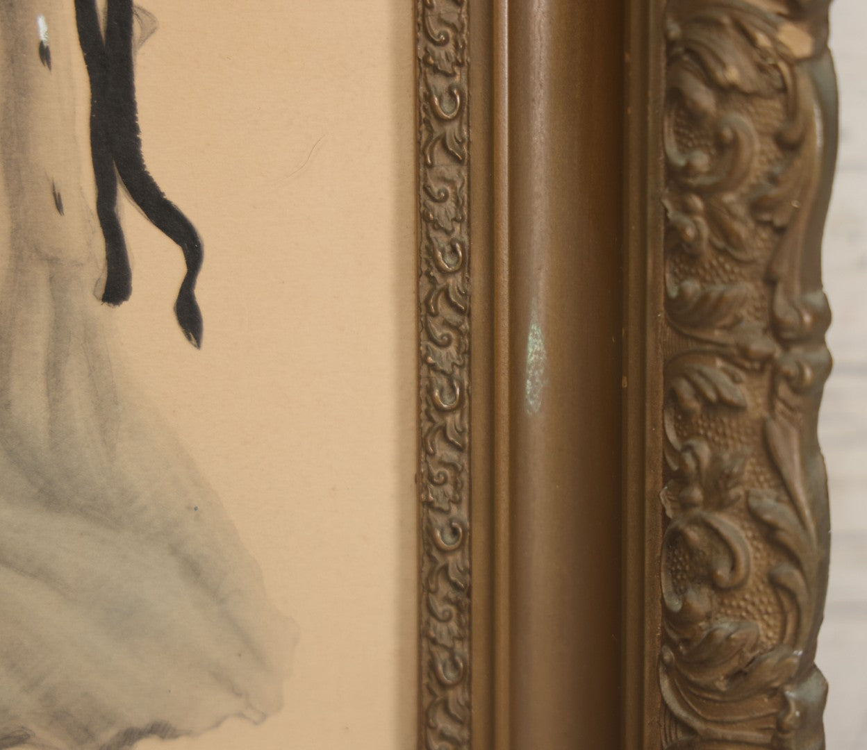 Lot 003 - Antique Watercolor Painting Of Elegant Blonde Woman Dressed In White Furs And Red Flowers With An Extravagant Hat, Artist Signed George W. Barratt, In Ornate Pressed Gesso Frame, 11-1/4" x 16-1/4"