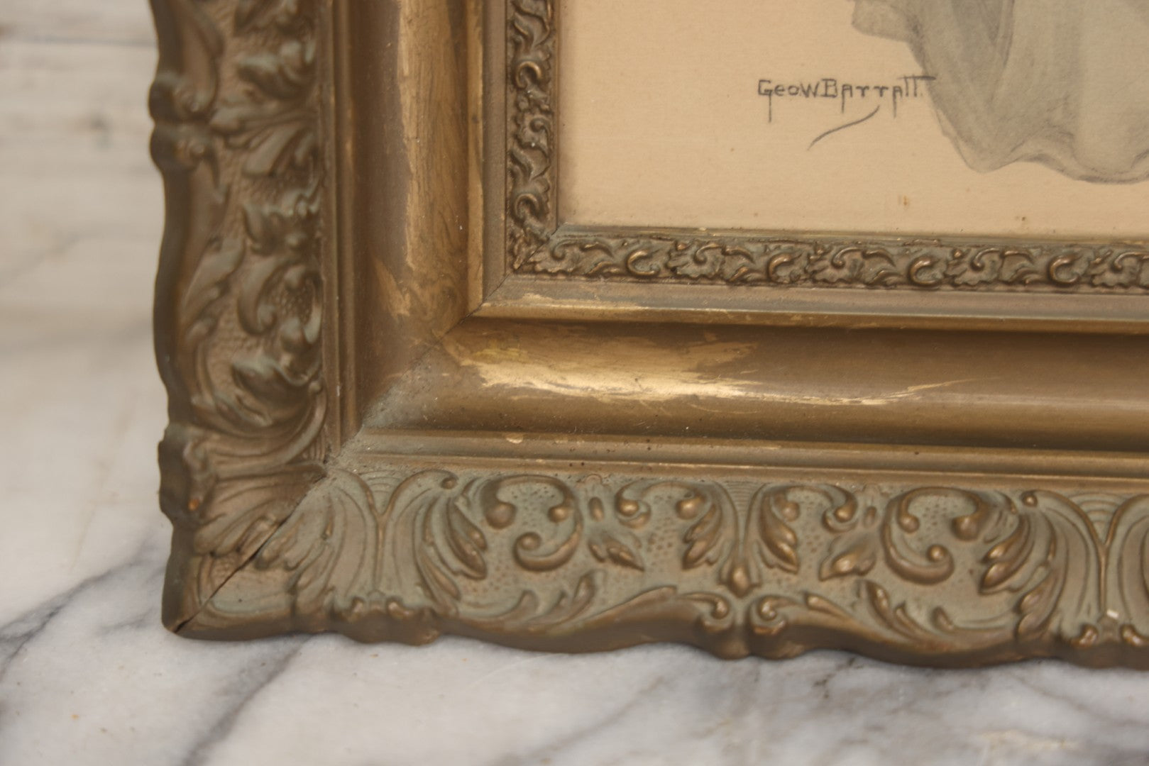 Lot 003 - Antique Watercolor Painting Of Elegant Blonde Woman Dressed In White Furs And Red Flowers With An Extravagant Hat, Artist Signed George W. Barratt, In Ornate Pressed Gesso Frame, 11-1/4" x 16-1/4"