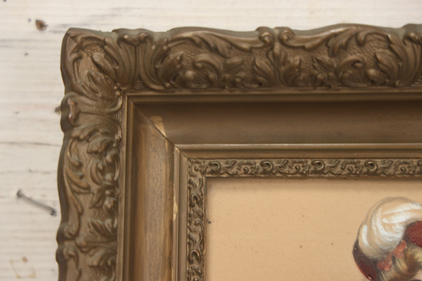 Lot 003 - Antique Watercolor Painting Of Elegant Blonde Woman Dressed In White Furs And Red Flowers With An Extravagant Hat, Artist Signed George W. Barratt, In Ornate Pressed Gesso Frame, 11-1/4" x 16-1/4"