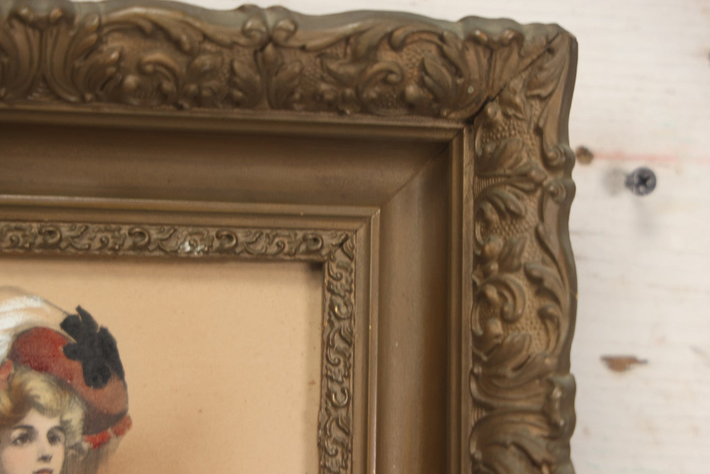 Lot 003 - Antique Watercolor Painting Of Elegant Blonde Woman Dressed In White Furs And Red Flowers With An Extravagant Hat, Artist Signed George W. Barratt, In Ornate Pressed Gesso Frame, 11-1/4" x 16-1/4"