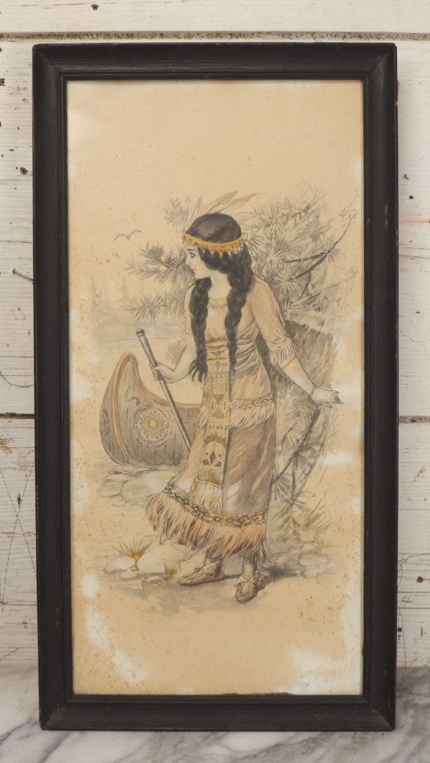 Lot 004 - Antique Watercolor Painting Of Native American Woman Holding A Staff Standing By Canoe In Black Painted Wood Frame, 10-1/2" x 20"