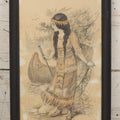 Lot 004 - Antique Watercolor Painting Of Native American Woman Holding A Staff Standing By Canoe In Black Painted Wood Frame, 10-1/2" x 20"