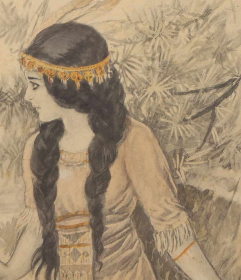 Lot 004 - Antique Watercolor Painting Of Native American Woman Holding A Staff Standing By Canoe In Black Painted Wood Frame, 10-1/2" x 20"