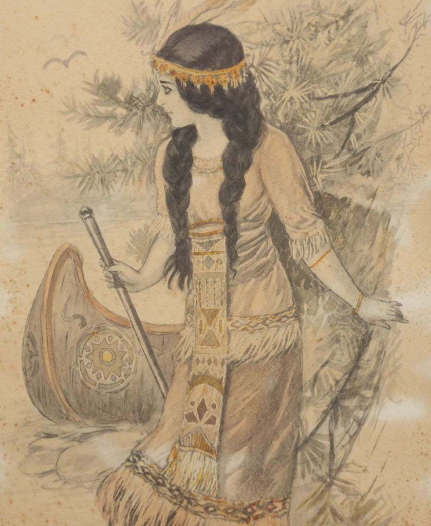 Lot 004 - Antique Watercolor Painting Of Native American Woman Holding A Staff Standing By Canoe In Black Painted Wood Frame, 10-1/2" x 20"