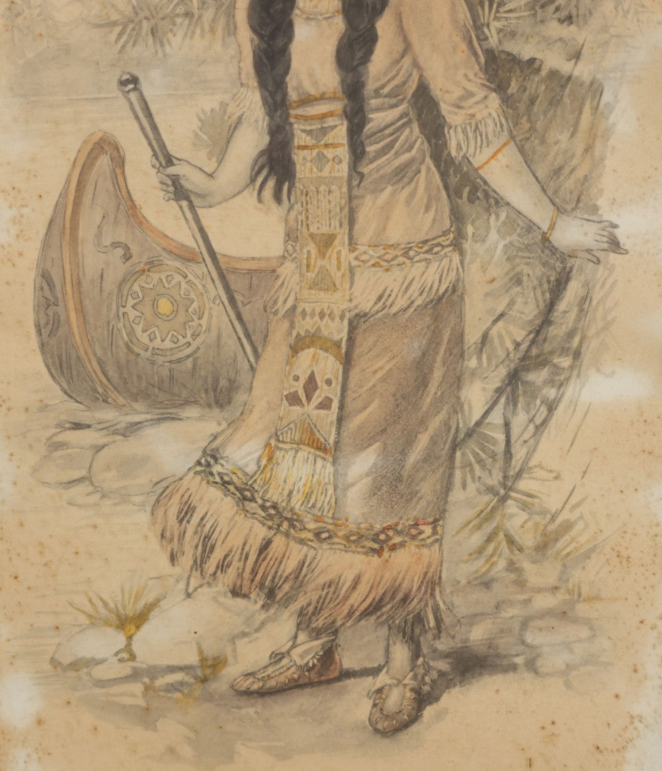 Lot 004 - Antique Watercolor Painting Of Native American Woman Holding A Staff Standing By Canoe In Black Painted Wood Frame, 10-1/2" x 20"