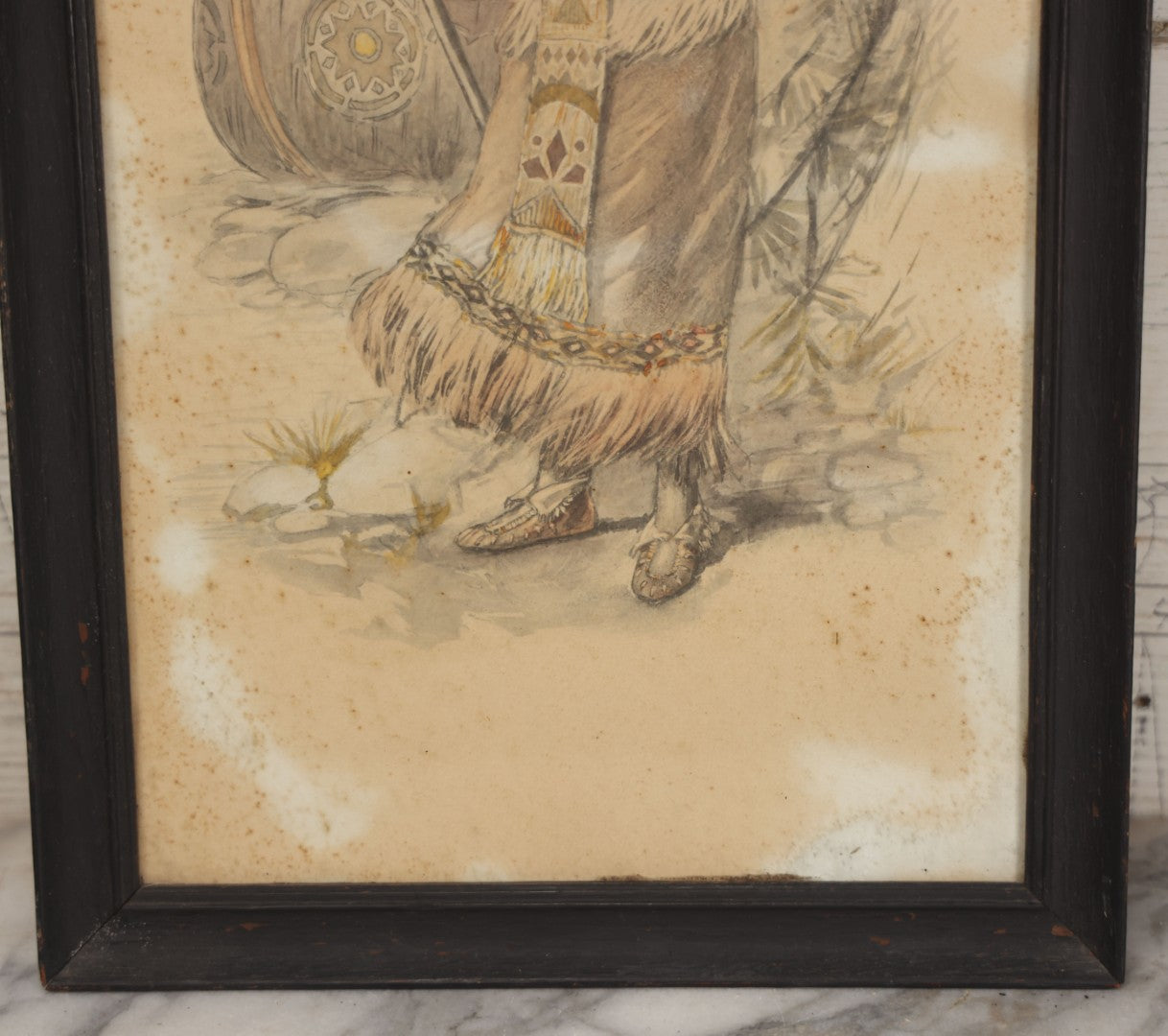Lot 004 - Antique Watercolor Painting Of Native American Woman Holding A Staff Standing By Canoe In Black Painted Wood Frame, 10-1/2" x 20"