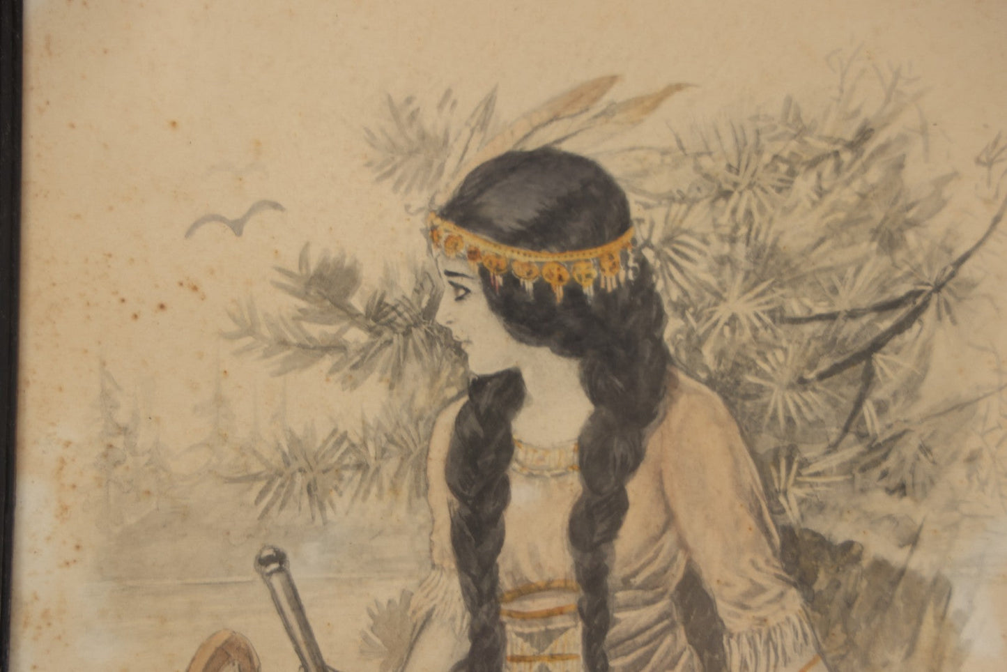 Lot 004 - Antique Watercolor Painting Of Native American Woman Holding A Staff Standing By Canoe In Black Painted Wood Frame, 10-1/2" x 20"
