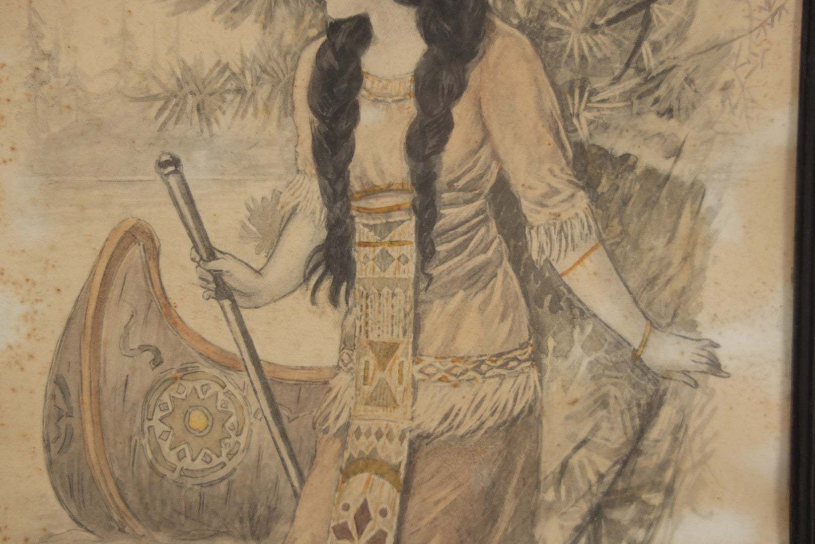 Lot 004 - Antique Watercolor Painting Of Native American Woman Holding A Staff Standing By Canoe In Black Painted Wood Frame, 10-1/2" x 20"