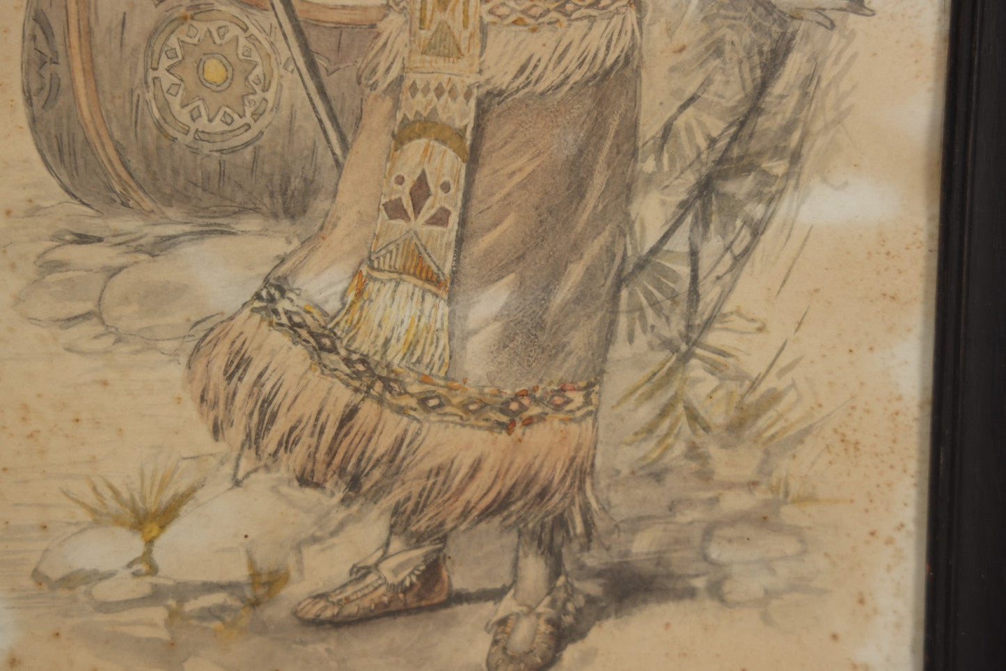 Lot 004 - Antique Watercolor Painting Of Native American Woman Holding A Staff Standing By Canoe In Black Painted Wood Frame, 10-1/2" x 20"