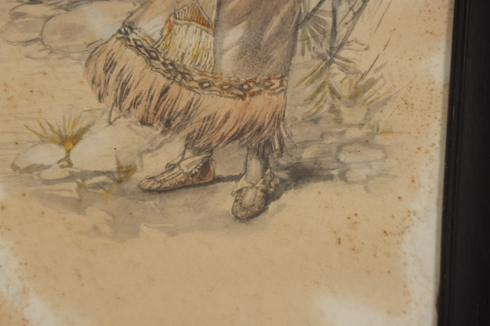 Lot 004 - Antique Watercolor Painting Of Native American Woman Holding A Staff Standing By Canoe In Black Painted Wood Frame, 10-1/2" x 20"