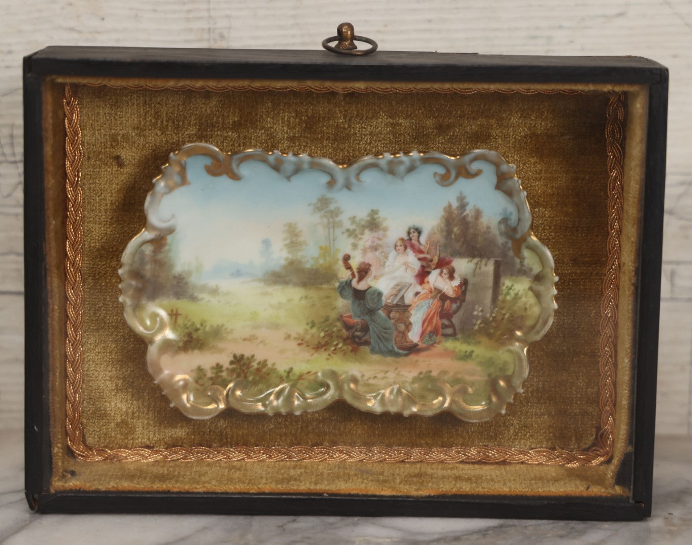 Lot 005 - Antique Hand Painted Dish With Elegant Women Playing Music Outdoors In Shadow Box Frame, 8-3/8" x 6-3/8"