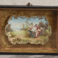 Lot 005 - Antique Hand Painted Dish With Elegant Women Playing Music Outdoors In Shadow Box Frame, 8-3/8" x 6-3/8"