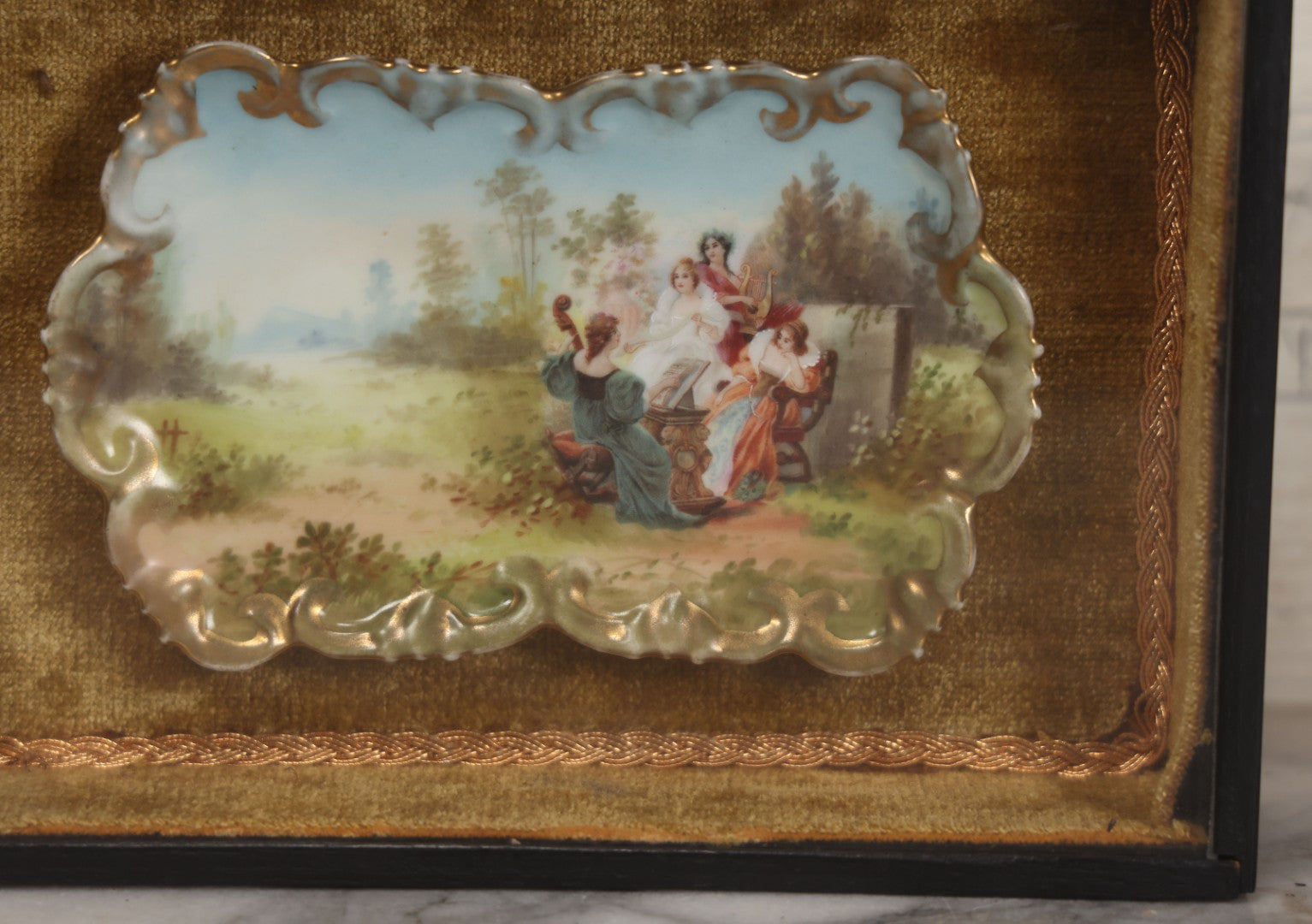 Lot 005 - Antique Hand Painted Dish With Elegant Women Playing Music Outdoors In Shadow Box Frame, 8-3/8" x 6-3/8"