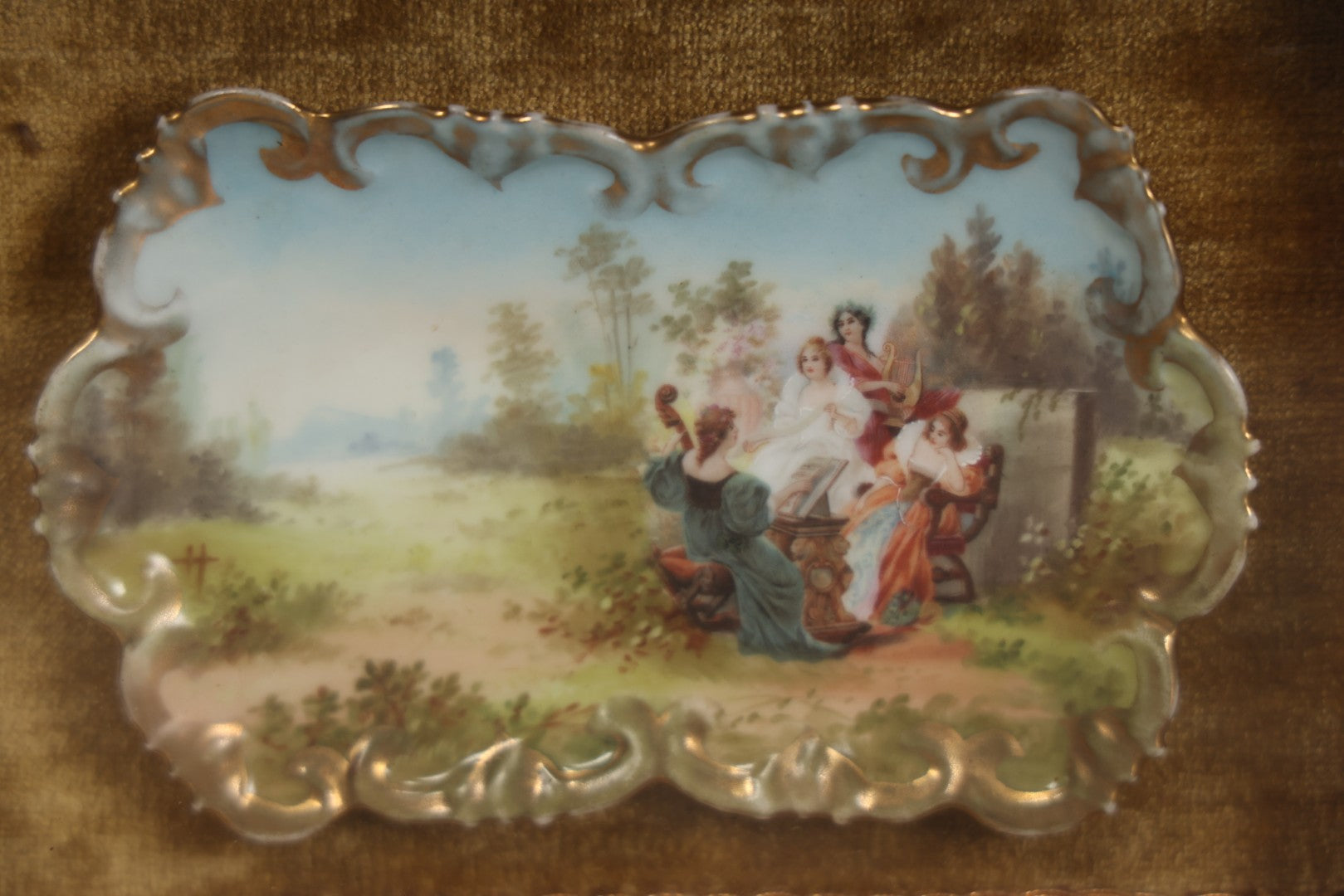 Lot 005 - Antique Hand Painted Dish With Elegant Women Playing Music Outdoors In Shadow Box Frame, 8-3/8" x 6-3/8"