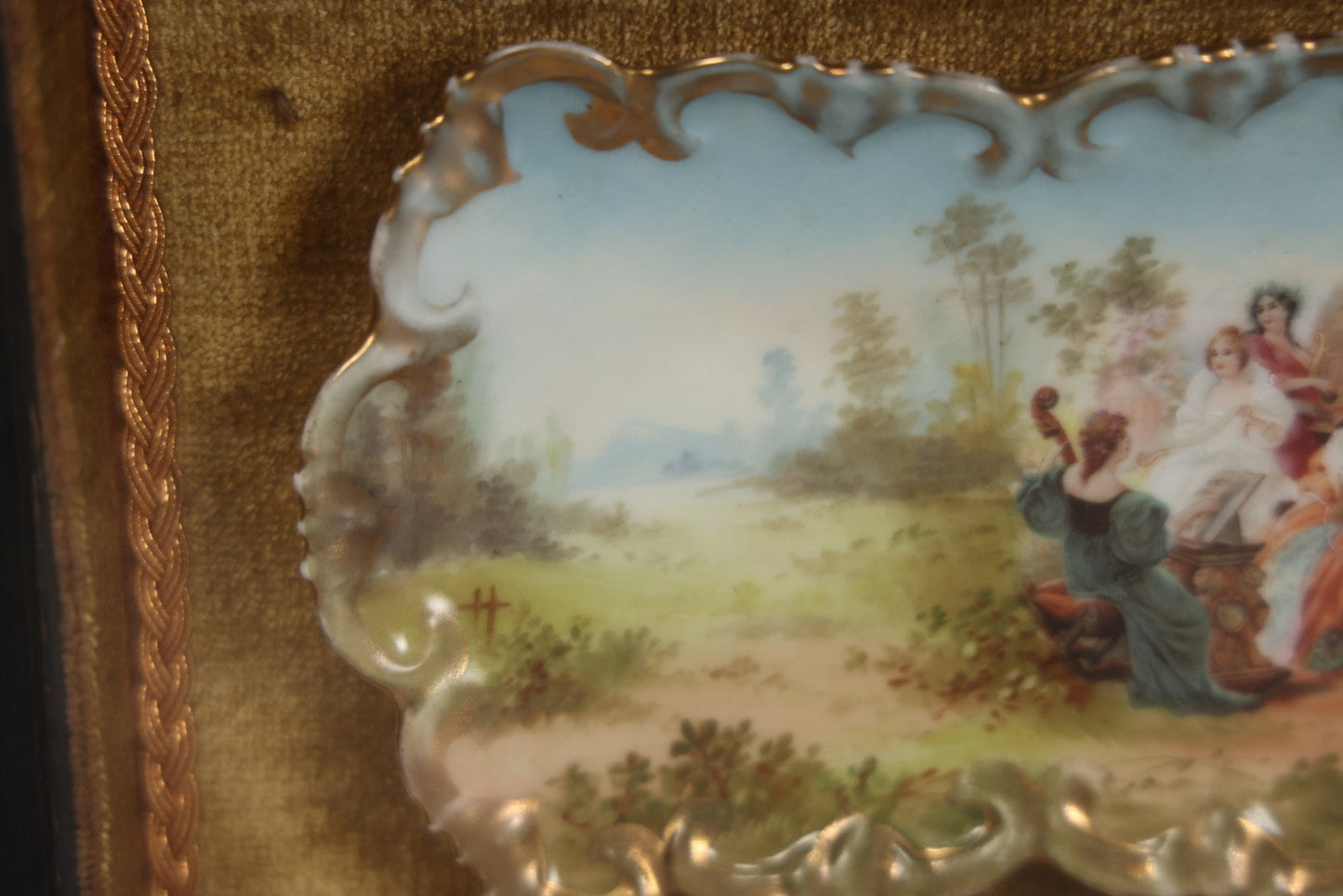 Lot 005 - Antique Hand Painted Dish With Elegant Women Playing Music Outdoors In Shadow Box Frame, 8-3/8" x 6-3/8"