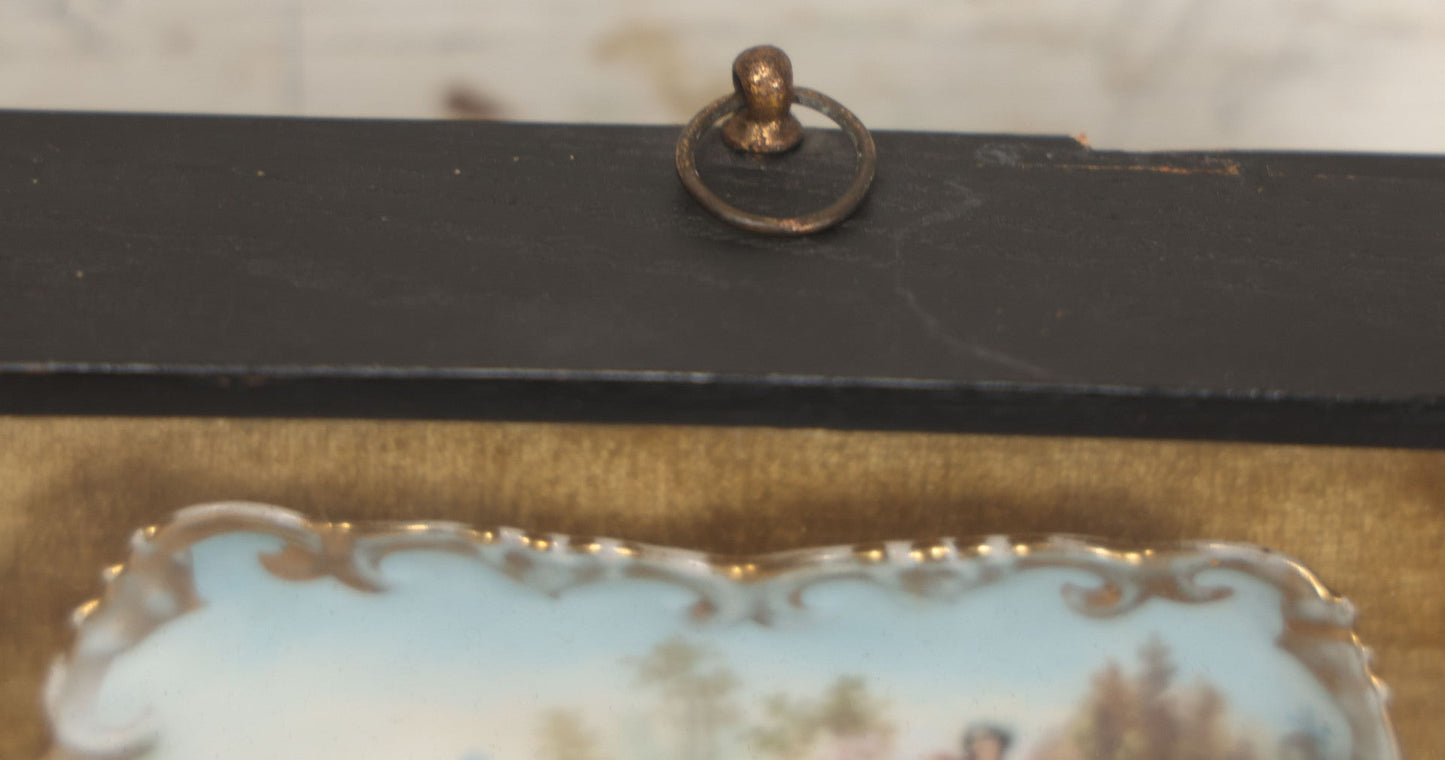 Lot 005 - Antique Hand Painted Dish With Elegant Women Playing Music Outdoors In Shadow Box Frame, 8-3/8" x 6-3/8"