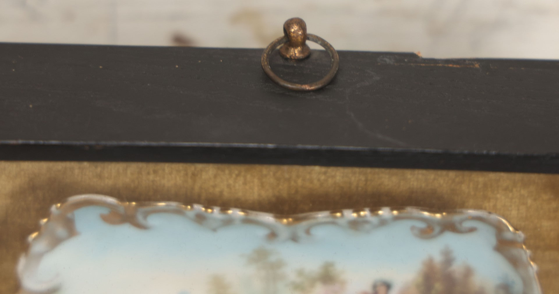 Lot 005 - Antique Hand Painted Dish With Elegant Women Playing Music Outdoors In Shadow Box Frame, 8-3/8" x 6-3/8"