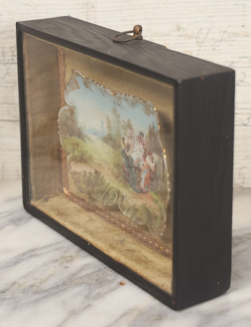 Lot 005 - Antique Hand Painted Dish With Elegant Women Playing Music Outdoors In Shadow Box Frame, 8-3/8" x 6-3/8"