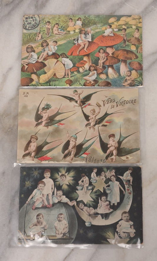 Lot 107 - Grouping Of Three Antique Foreign Postcards Of Children And Cherubs In Fantastical Scenes Including Flying On Birds, Napping On The Moon, And Sitting On Giant Mushrooms