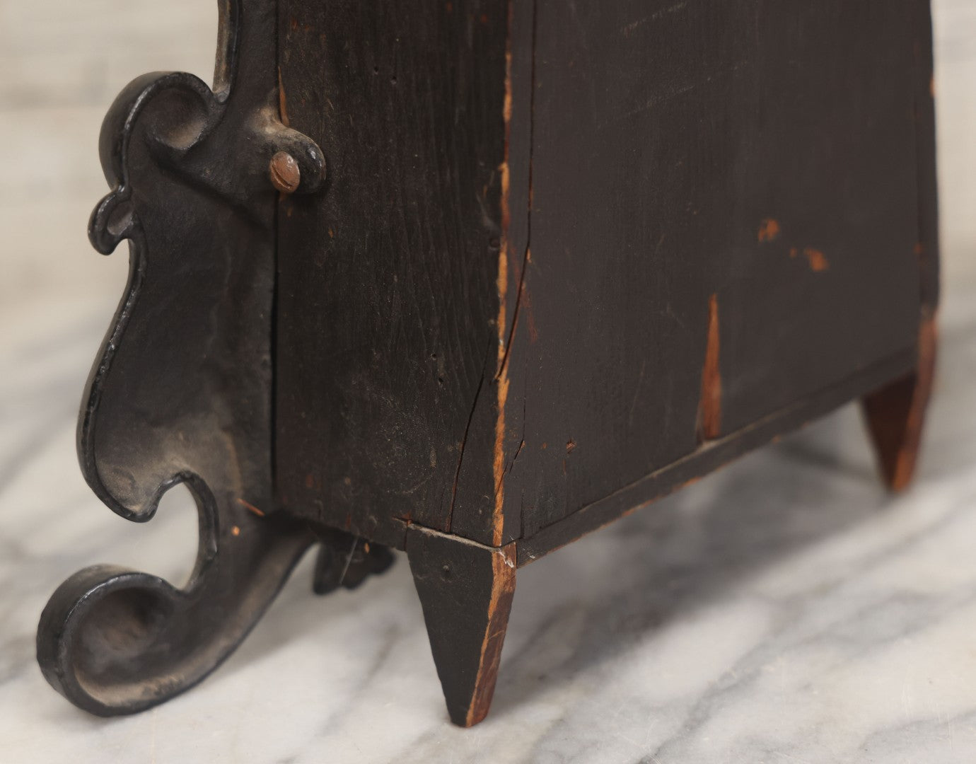 Lot 006 - Antique Metal And Wood Mantel Clock With Hand Painted Details, Paper Clock Face, And Domed Pendulum Window, With Paper Label Inside, Manufactured By The Waterbury Clock Co., Waterbury, Connecticut, Untested, No Pendulum, 13-1/8" H
