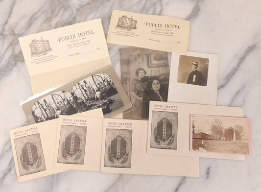Lot 110 - Nine Piece Vintage And Antique Ephemera Grouping Including Real Photo Postcards R.P.P.C. Of Women With Violin, Man In Uniform, Landscape C.D.V. Photograph, Envelopes And Stationary From Seattle Hotels, And Stereoview Of The Deck Of Battleship