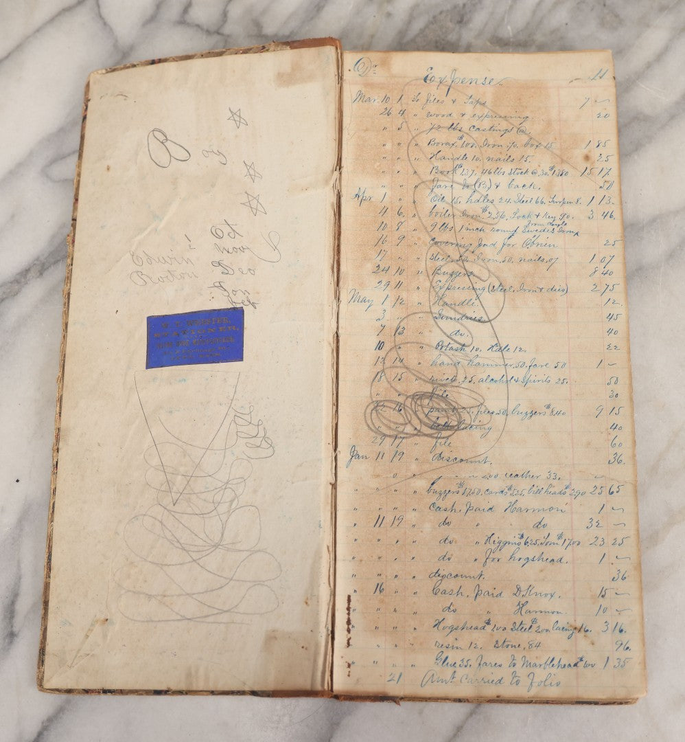 Lot 007 - Antique Expense Ledger Repurposed Into A Poetry Journal, Signed Edwin Davis Smithurst, Dated 1871, With Several Handwritten Poems And Notes And Tree Of Life Illustration, Swampscott, Massachusetts