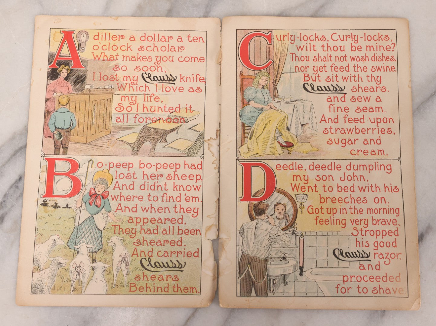 Lot 116 - Antique Lithographed Childrens Alphabet Advertising Book, "Mother Goose Up-To-Date Clauss Primer" Published By The Clauss Shear Company, Freemont, Ohio, Printed By The Blade Printing & Paper Co., Toledo, Ohio