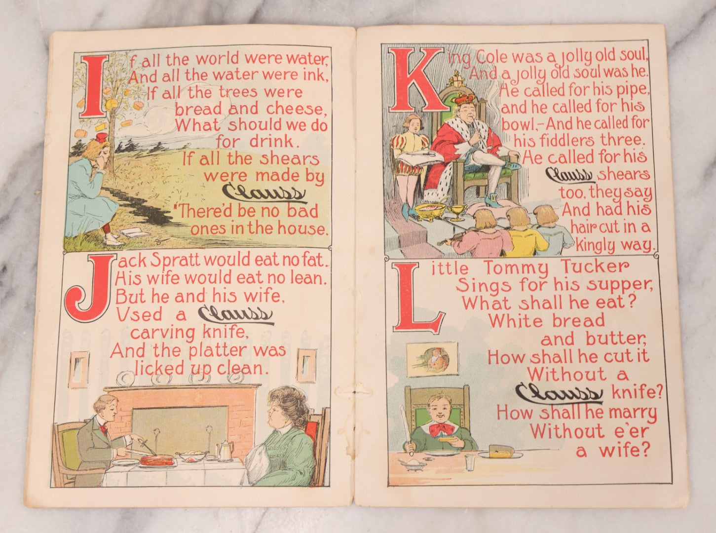 Lot 116 - Antique Lithographed Childrens Alphabet Advertising Book, "Mother Goose Up-To-Date Clauss Primer" Published By The Clauss Shear Company, Freemont, Ohio, Printed By The Blade Printing & Paper Co., Toledo, Ohio