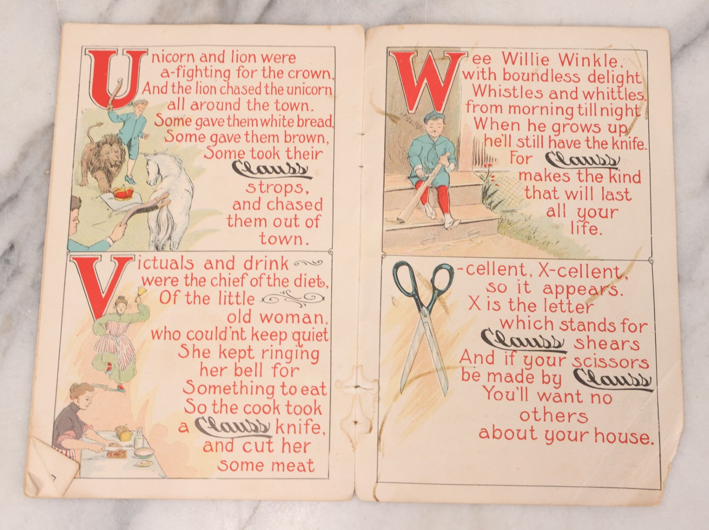 Lot 116 - Antique Lithographed Childrens Alphabet Advertising Book, "Mother Goose Up-To-Date Clauss Primer" Published By The Clauss Shear Company, Freemont, Ohio, Printed By The Blade Printing & Paper Co., Toledo, Ohio