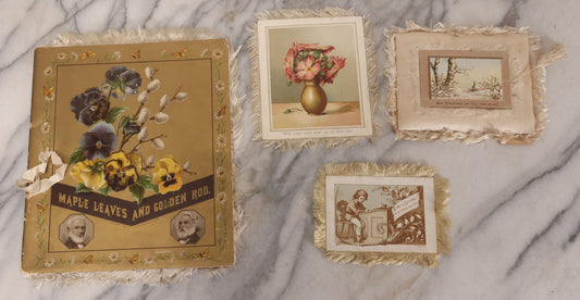 Lot 117 - Four Piece Antique Lithographed Ephemera Grouping With Fuzzy Fringe Including "Maple Leaves And Goldenrod" Illustrated Poetry Book And Three Christmas Cards
