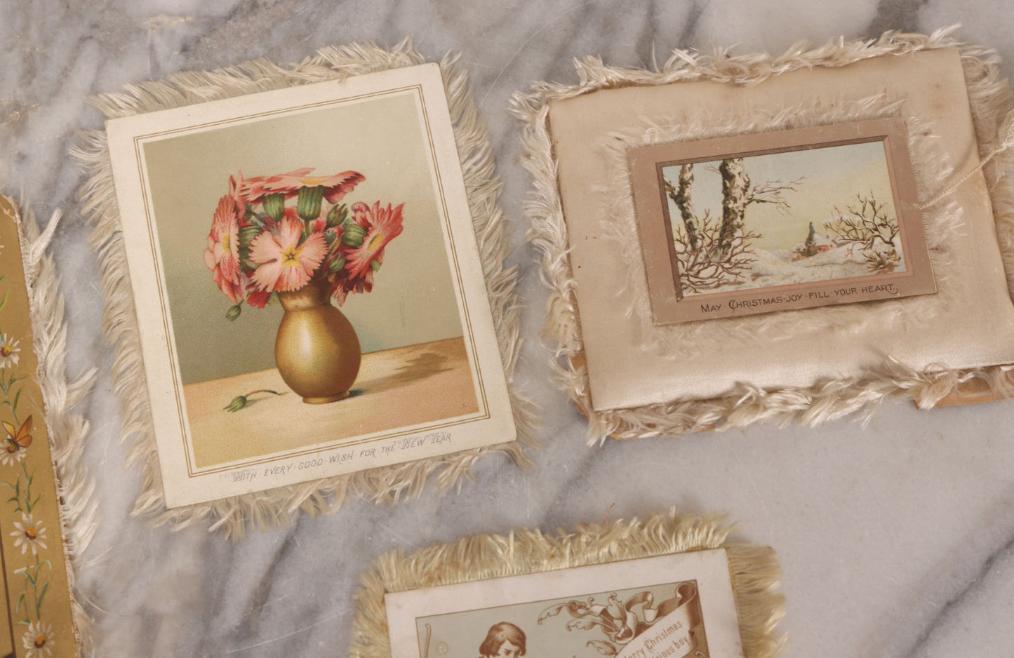 Lot 117 - Four Piece Antique Lithographed Ephemera Grouping With Fuzzy Fringe Including "Maple Leaves And Goldenrod" Illustrated Poetry Book And Three Christmas Cards