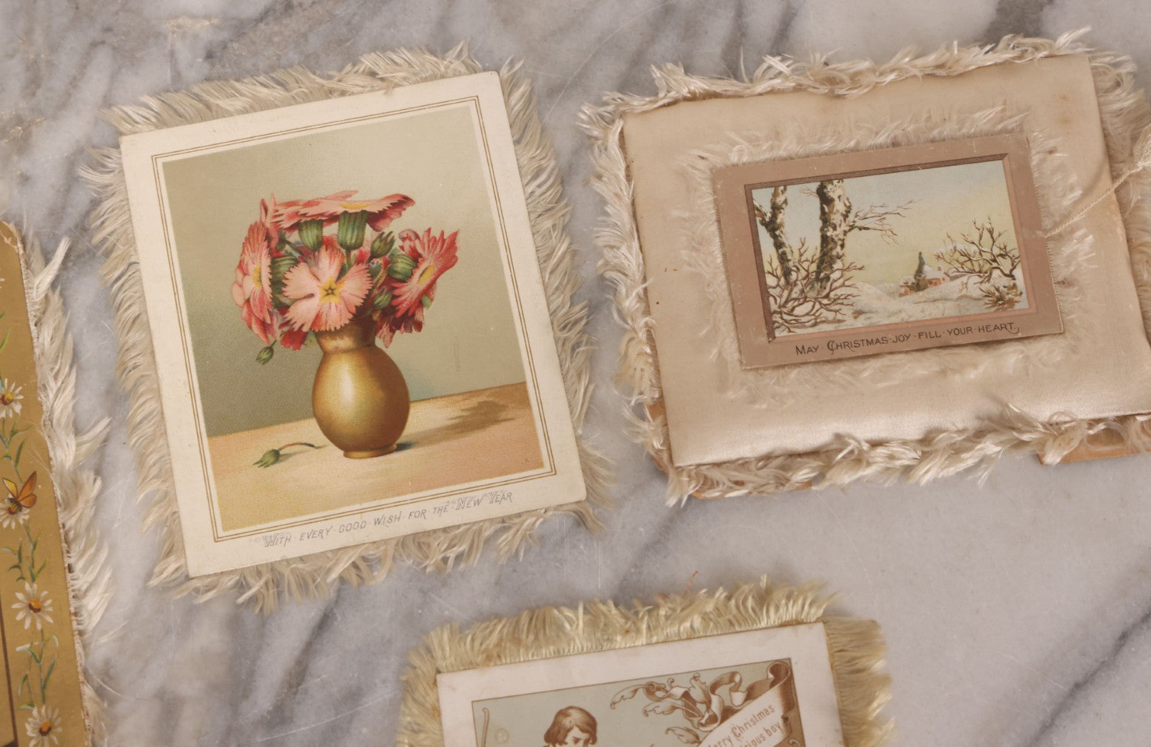 Lot 117 - Four Piece Antique Lithographed Ephemera Grouping With Fuzzy Fringe Including "Maple Leaves And Goldenrod" Illustrated Poetry Book And Three Christmas Cards