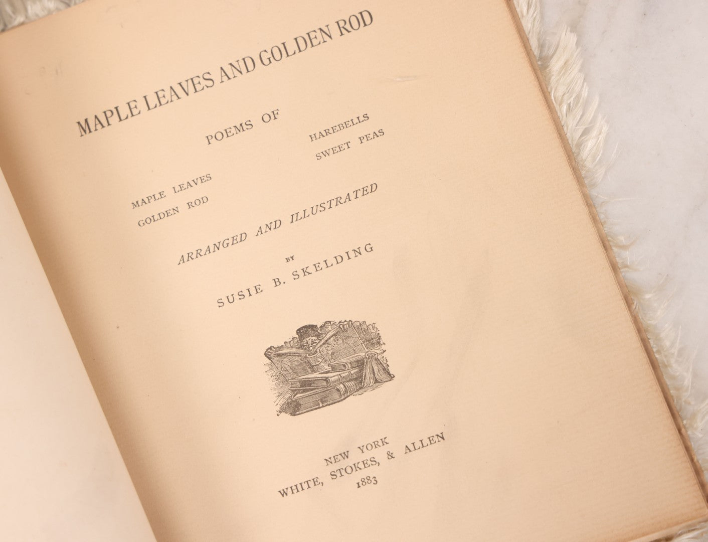 Lot 117 - Four Piece Antique Lithographed Ephemera Grouping With Fuzzy Fringe Including "Maple Leaves And Goldenrod" Illustrated Poetry Book And Three Christmas Cards