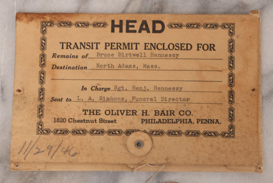Lot 119 - Vintage Transfer Permit Envelope For The Remains, Head Of Bruce Birtwell Hennessy, Sent To L.A. Simmons, Funeral Director, North Adams, Massachusetts, Dated Nov. 29, 1946, Envelope From The Oliver H. Bair Co., Philadelphia, Pennsylvania